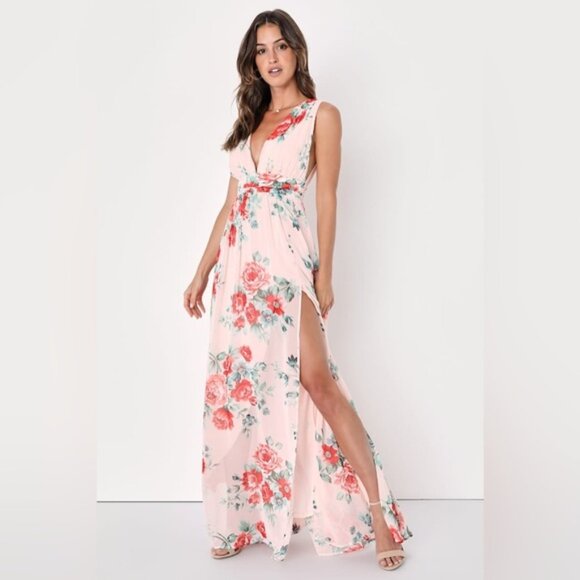 LULUS Garden Meandering Blush Floral Print Maxi Dress Side slit Chiffon Size XS - Picture 1 of 16